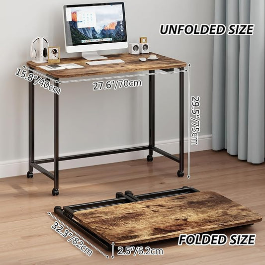 JSB Folding Desk for Small Spaces,Mobile Portable Rolling Laptop PC Table on Wheels,Foldable Computer Desk for Home Office,Bedroom,Dorm,Space Saving (Rustic & Brown, 27.6")