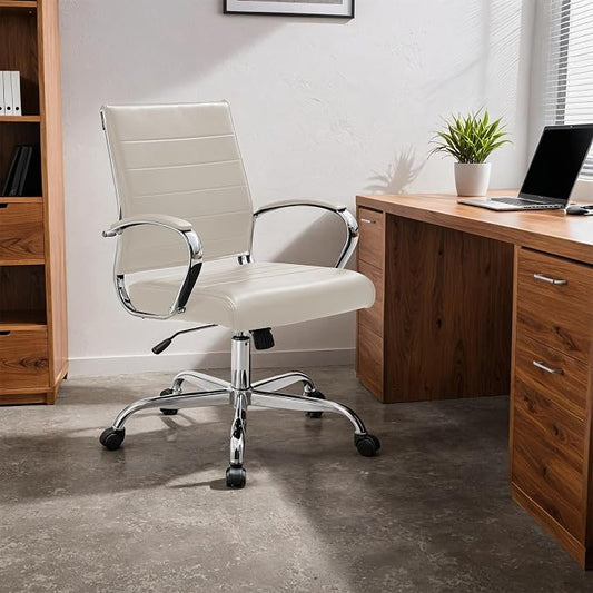 LeisureMod Benmar Leather Office Desk Chair, Mid-Back Ergonomic Swivel Chair with Lumbar Support, Adjustable Height, Tilt Lock, Cushioned Seat & Back, Home Office Task Chair (Tan, Pallet)