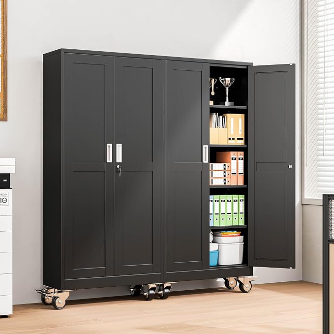Metal Garage Storage Cabinets and storage system, 71”Tall Rolling utility cabinet with Wheels, Lock, 4 Adjustable Shelves, Heavy Duty Steel Tool Locker for Home Office, Utility Room, Gym,Black