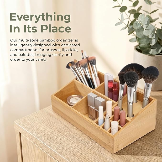 2 Pack Bamboo Art Supply Organizer, Pen Holder Multifunctional Organizer Office Accessory Storage, Desk Organizer for Colored Pencil, Crayon, Paint Brushes, Makeup Organizer