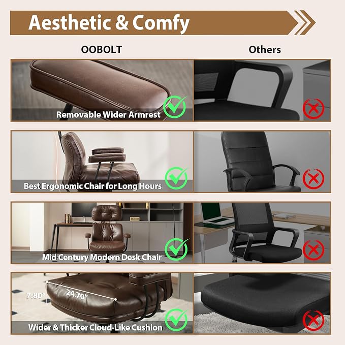 Home Office Chair,Ergonomic Computer Chair with Lumbar Support Adjustable Height,Mid-Century Modern Office Chair with Rolling Swivel Chair for Home Office Game Study(PU Leather Chair,Coffee)