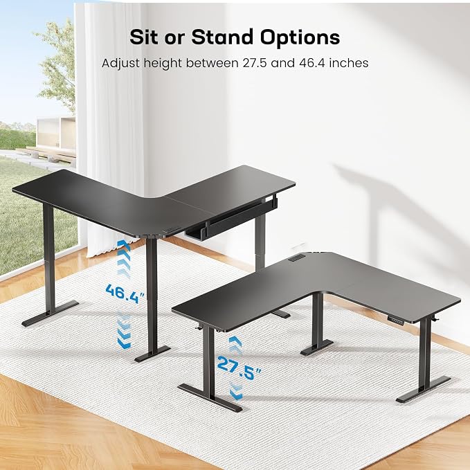 HUANUO Electric L Shaped Standing Desk, 63" x 63" Height Adjustable Corner Standing Desk with Built-in Power Outlets & Power Strip Holder, Sit Stand Up Table with 4 Preset Heights, Black