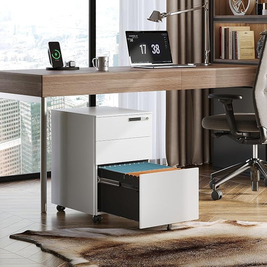 DEVAISE 3 Drawer File Cabinet with Combination Lock,Fully Assembled Metal Filling Cabinet Except Wheels, Mobile Under Desk File Cabinets for Home Office, White