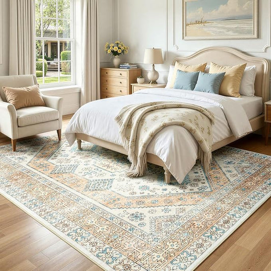 Lofus Vintage Living Room Rugs 8x10, Soft Machine Washable Area Rug for Bedroom Indoor Floor Home Office House Decor, Oriental Traditional Distressed Farmhouse Carpet, Boho Beige and Orange