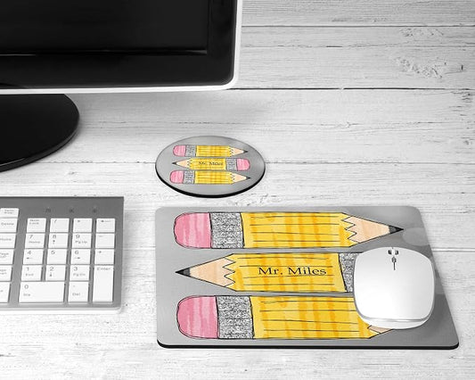 Teacher Mouse Pad and Coaster Desk Must Haves Appreciation Back to School Personalized Gift Classroom Decor Custom Handmade by The Painted Pug (Pencil)