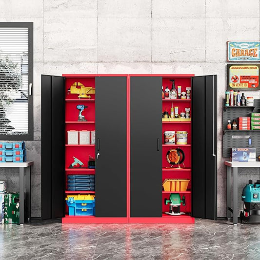 Fesbos Metal Storage Cabinet-71” Tall Steel File Cabinets with Lockable Doors and Adjustable Shelves-Black&Red Steel Storage Cabinet for Home, School, Office, Garage