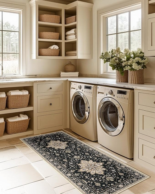 RELEANY Area Rugs Runner 2'x5' Washable Non-Slip, Floral Vintage Distress Medallion Carpet for Kitchen Hallway Bedroom Beside Laundry Room Bathroom, Black Brown Neutral Dark Tan