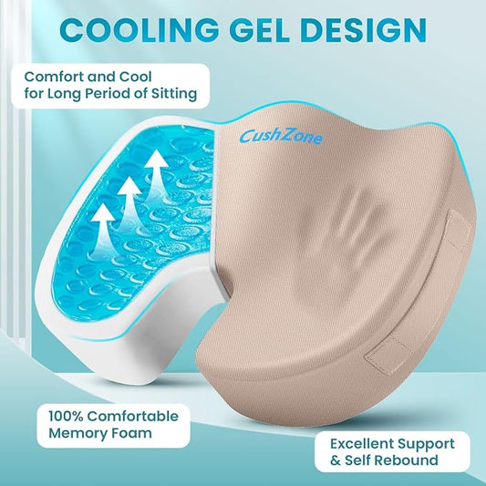 Office Chair Seat Cushion, Cooling Gel Enhanced Memory Foam Cushion for Long Sitting - Back, Sciatica, Coccyx, Tailbone Pain Relief Pillow - for Office, Gaming, Car, Wheelchair - Khaki, X-Large
