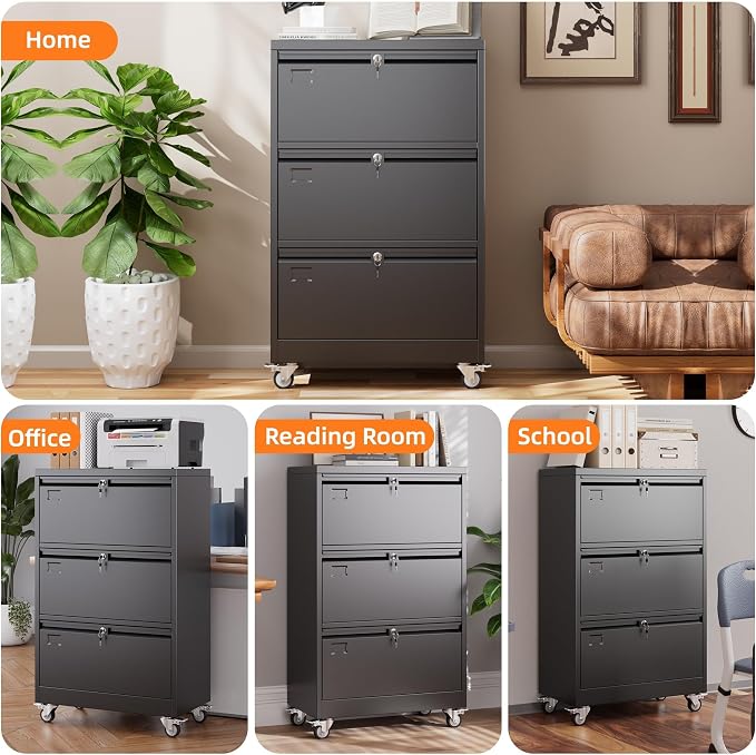 METAN 3 Drawer Lateral File Cabinet on Wheels with Locks, Heavy Duty Metal Rolling Filing Cabinet for Home Office, for Letter, Legal Size Folders, Black, Assembly Required,16" D x 29" W x 47.5" H