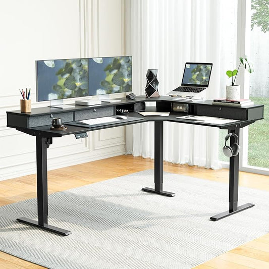 FEZIBO L Shaped Electric Standing Desk, 63 x48 inch Large with Drawers | Reversible Tabletop, 2 Memory Height Settings | Home Office & Gaming Height-Adjustable Table, Black Top/Black Frame(2 packages)