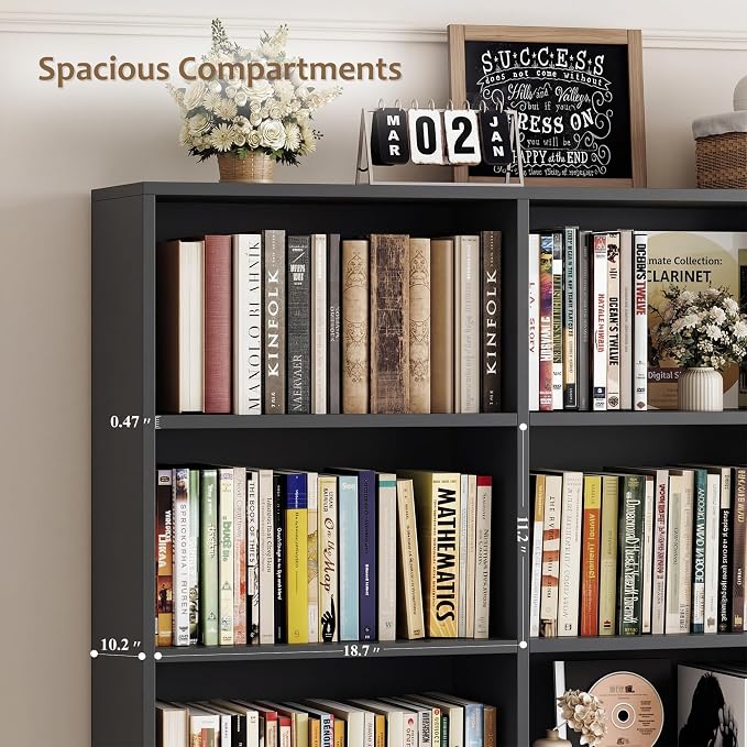 HOSTACK 71" Tall Triple Wide Bookshelf with Doors & Drawers, Modern Wood Bookcase for Storage, 6-Tier Large Bookcase with Display Shelves, Space-Saving Bookshelf for Living Room, Home Office, Black
