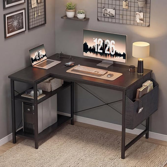TIQLAB L Shaped Computer Desk with Power Outlets, 47 Inch Small Corner Desk with Reversible Shelves, Gaming Desk Computer Table Study Writing Table for Home Office Bedroom Small Space, Black