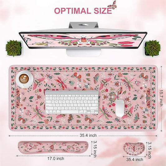 iCasso Large Mouse pad for Desk, Computer Desk Mat, 3Pcs XXL Keyboard and Mouse Pad + Keyboard Wrist Rest, Desk Matt for Desktop, Easy Typing Pain Relief Ultra Thick Mousepad Keyboard Mat(Pink)