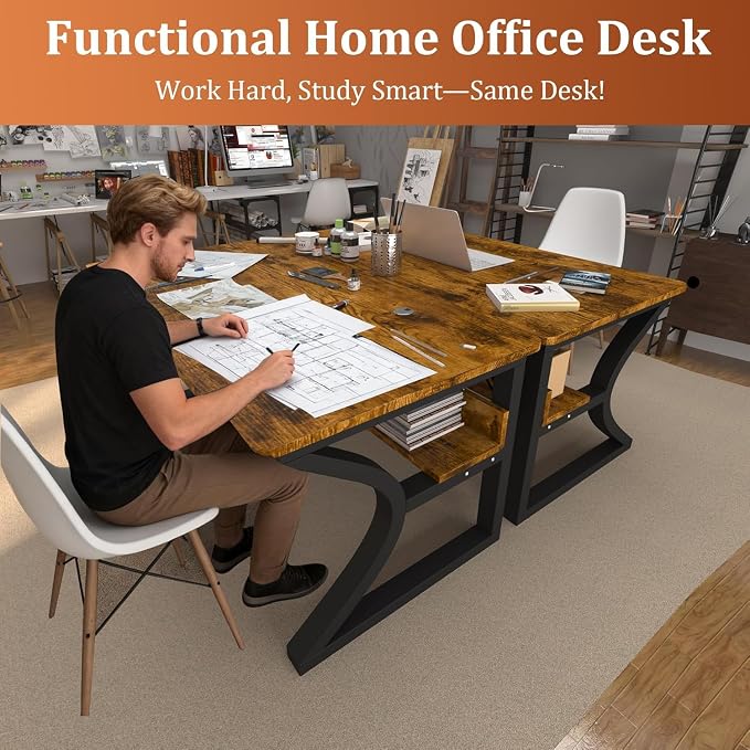 55 X 23.6'' Computer Desk, Home Office Desks w/Shelf Storage, Computer Desk w/Metal Frame, Cable Management, Study Student Desk Writing Work Table Deeper & Thicker Desktop for Home Bedroom