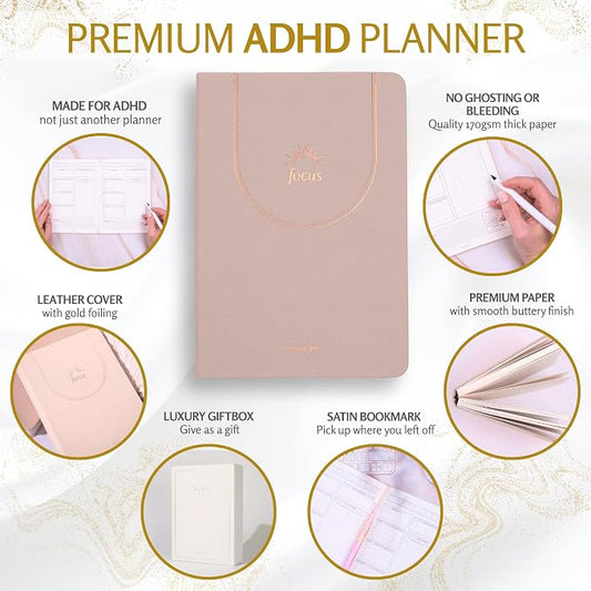 ADHD Daily Planner for Neurodivergent Adults – Premium Leather Productivity & Task Management Planner with Guided Focus Pages, 170gsm Paper, Gold Foiling & Gift Box – Undated Organizer | A5 (Nude)