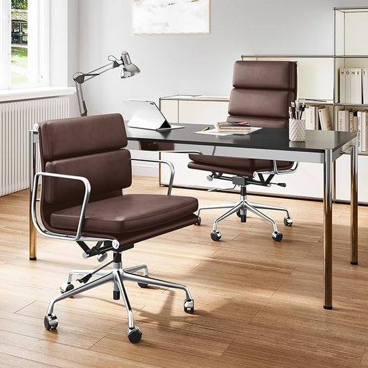 Genuine Leather Office Chair, Padded Mid Back Ergonomic Executive Desk Chair with Aluminum Arm Rest and Base, Swivel Wheels with Lumbar Support & Tilting Function, Hight Adjustable Dark Brown