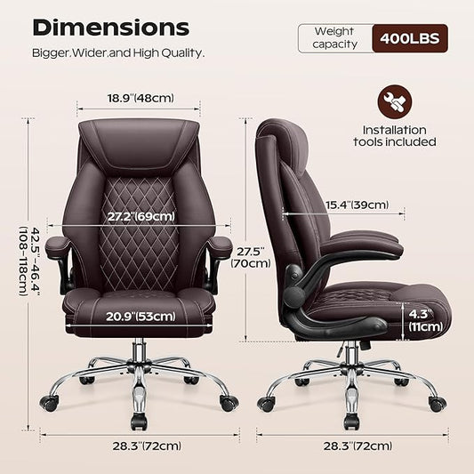 Office Chair, Ergonomic High Back Home Office Desk Chair, Big and Tall Breathable Leather Office Chair with Lumbar Support Flip-Up Armrests, Computer Chair with Rocking Function