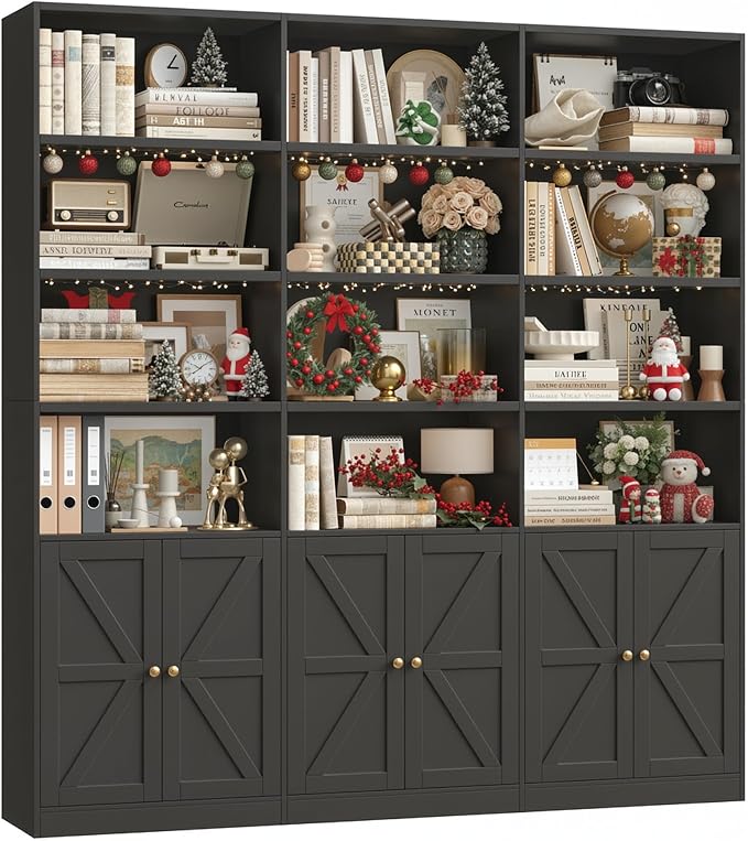 FACBOTALL 75" Triple Wide Bookshelf, Bookshelf and Bookcase with 6 Farmhouse Doors, 71" Wide 6 Tier Book Shelf with 18 Storage Shelves, Large Wooden Bookshelves, Tall Bookcase for Home Office, Black
