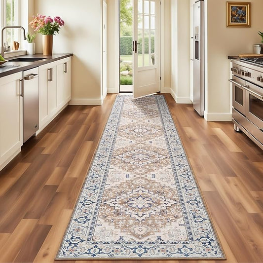 Lofus 2'6"x10' Runner Rug for Hallways, Washable Kitchen Rugs, Non-Slip Rugs for Entryway and Bedroom, Vintage Boho Carpet, Soft Low Pile Long Runner Area Rug, Floral Brown