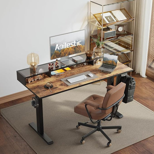 Agilestic 48 x 24 Inches Electric Standing Desk with Storage, Adjustable Height Sit and Stand Computer Table with Glass Shelf, Splice Board, Rustic Brown