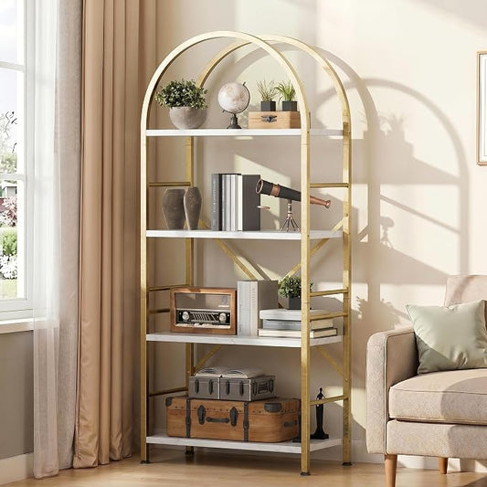 Shintenchi Arched Bookshelf, 4 Tier Bookcase, Tall Storage Shelf, Golden