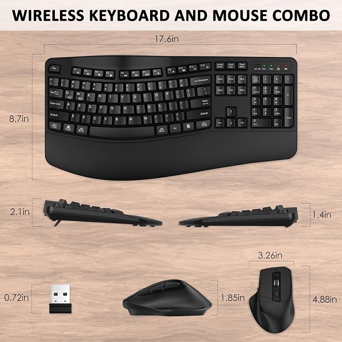 Wireless Keyboard and Mouse Combo, Ergonomic Wave Keys (Black) | 2.4G Full Size Wave Keyboard with Wrist Rest, 3-Level DPI Adjustable Ergonomic Mouse for Windows and Mac OS Desktop/Laptop/PC