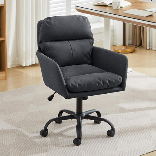 YITAI Adjustable Home Office Desk Chair with Comfy Square Mid-Back, Faux Leather 360 Swivel Upholstered Task Armchair with Wheels for Vanity Bedroom/Living Room,Study Black