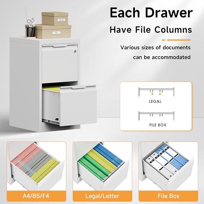 Bestoo File Cabinet, 2 Drawer Filing Cabinet with Lock, Vertical Filing Storage Cabinet for Home Office, Metal File Cabinets, Office Storage Cabinet for Letter, Legal, A4, File Folders
