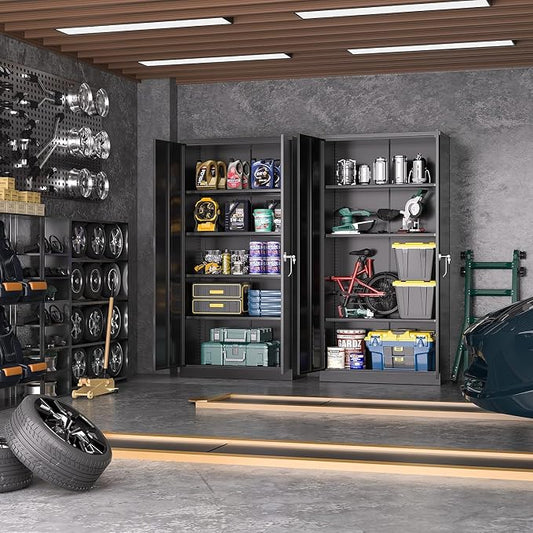 Greenvelly Storage Cabinet, 72” Black Garage Steel Locking Cabinet with Doors and 4 Adjustable Shelves, Tall Lockable File &Tool Cabinet for Home Office, Metal Classroom Cabinet Basement