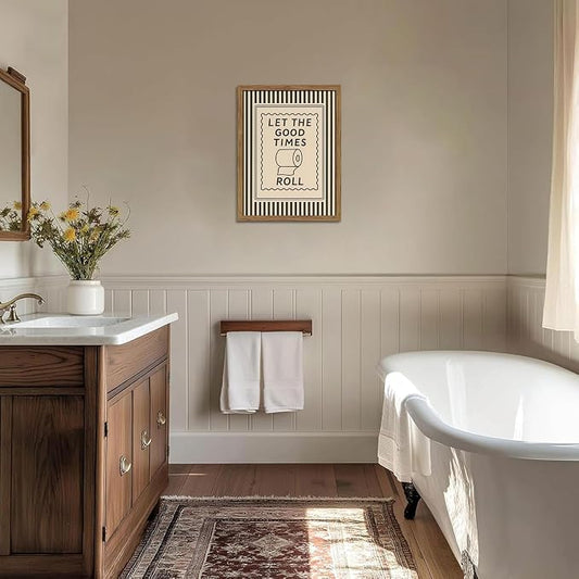 Framed Let The Good Times Roll Bathroom Print, Vintage Funny Toilet Quote Canvas Wall Art, Stripes Bathroom Picture Poster, Downstairs Toilet Painting Wall Decor 16x24 inch