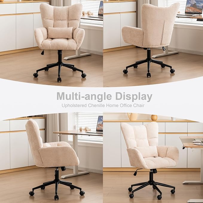 Home Office Desk Chair, Modern Tufted Chenille Vanity Chair, Adjustable Upholstered Swivel Computer Chairs for Bedroom, Living Room, Beige