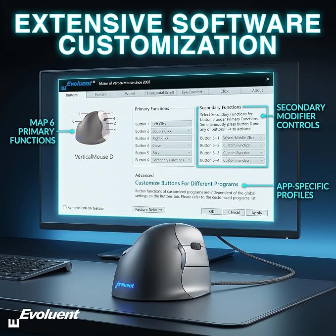 Evoluent – World's Original Vertical Mouse, Wired Ergonomic Mouse for Right Hand, Medium to Large, Helps with Carpal Tunnel and Wrist Strain, Customizable 6 Buttons, 4 Speed Settings, Comfortable Grip