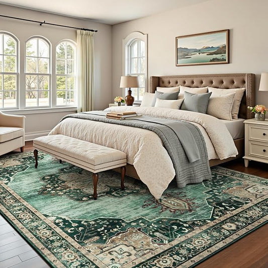 Lofus 8x10 Emerald Green Washable Rugs Non-Slip, Vintage Floral Area Rug for Living Room Bedroom Dining Room Kitchen, Low Pile Distress Print Medallion Carpet Home Decor Rug