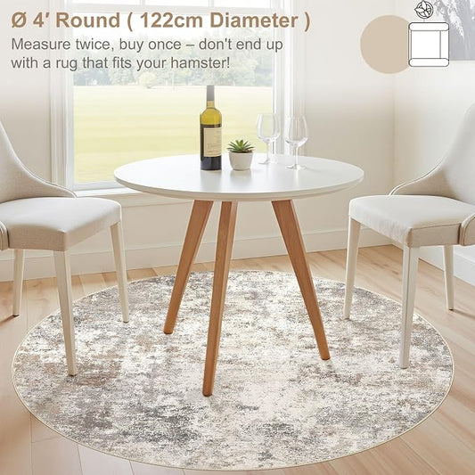 UERMEI 4ft Round Area Rug Living Room Rugs - 4x4 Washable Neutral Modern Abstract Soft Thin Rug Indoor Floor No Slip Rug Carpet for Bedroom Under Dining Table Home Office Decor - Brown Grey