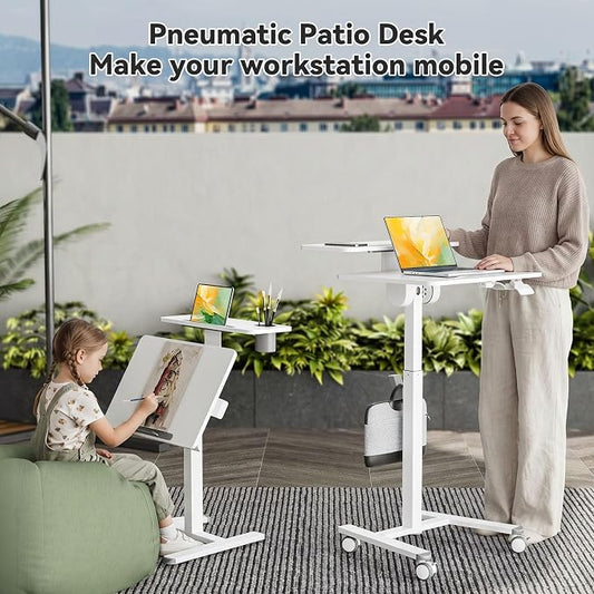 24Inch Rolling Standing Desk On Wheels, Mobile Laptop Stand with Tiltable Desktop, Smaller Computer Workstation Adjustable Height, 2-Tier Portable Study Table with Storage Shelves, White