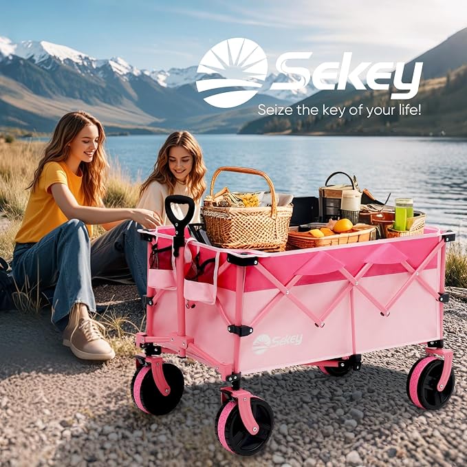 Sekey 220L Wagons Carts Foldable with Big All-Terrian Beach Wheels, Collapsible Heavy DutyWagon with Cup Holders, Extra Large Folding Wagon,Foldable Wagon for Camping, Garden, Sports.Pink