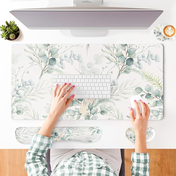 QIYI Leather Desk Mat Set, 4-in-1 Large Mouse Pad with Ergonomic Wrist Rest, Waterproof Desk Pad + Keyboard Wrist Rest +Mouse Wrist Support+Coaster, Non-Slip Office Gaming Accessories, Eucalyptus Leaf