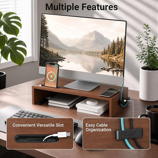 BONTEC Monitor Stand Riser with Cellphone Holder & Cable Management, 16.7 Inch Wood Monitor Riser Stand, Desktop Stand for PC/TV/Laptop/Printer, Walnut