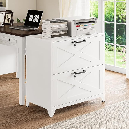 Farmhouse File Cabinet with Lock, Lateral File Cabinet with 2 Large Drawer for Letter/Legal/A4 Hanging Files,File Storage Cabinets Printer Stand for Home Office School, White