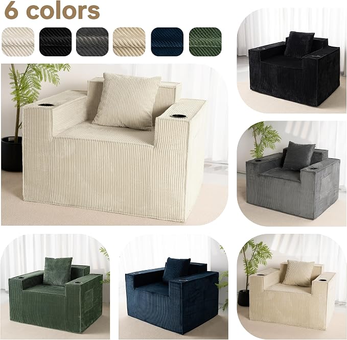 Cloud Single Sofa,Chaise Lounge Chair with Cup Holder & Side Pocket,Elevated Seat Height,No Assembly Required,Boneless Corduroy Chair for Small Space,Bedroom,Office (White, Single Sofa)
