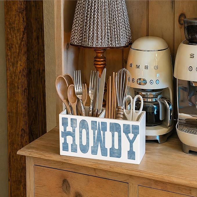 Blue Coastal Western Howdy Pen Pencil Holder for Desk Accessories Coastal Beach Office Decor, Coastal Cowgirl Decor, Western Decor Howdy Decorative for Home Bedroom Office Desk Tabletop