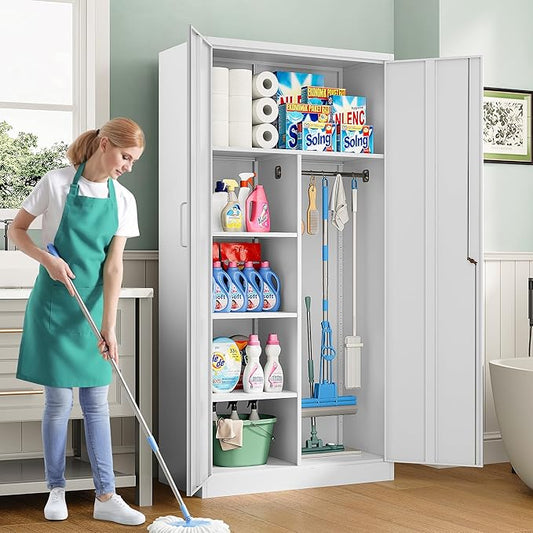 Wide & Deep Metal Storage Cabinet with Hanging Rod,White Broom Closet Storage Cabinet with Lock,72" Tall Wardrobe Cabinets with Doors and Shelves,Locking Steel Tool Cabinets for Home,Office,Garage