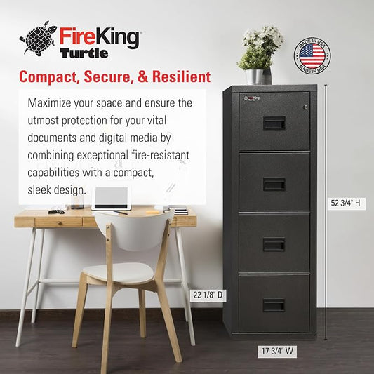 FireKing Turtle Vertical 4 Drawer Legal and Letter Fire Safe File Cabinet with Key Lock, 1 Hour Fire Rated, UL Rated & Water Resistant Home Safe, Filing Cabinet, Made in the USA, Black