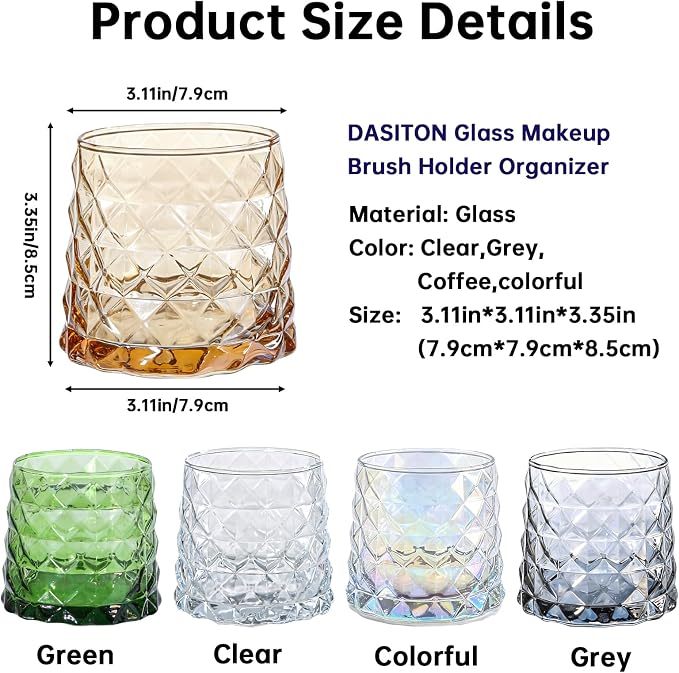 DASITON Glass Makeup Brush Holder Organizer, Diamond Pattern Cosmetic Storage Cup, Makeup Organizer for Vanity, Bathroom Countertop Toothbrush Holder, Desk Pen Pencil Holder (Amber)