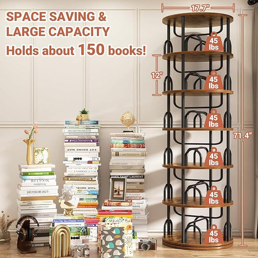 Aheaplus 6 Tier Rotating Bookshelf Tower, Revolving Bookcase, 360° Round Spinning Book Shelf, Narrow Swivel Bookshelves Vertical Turning Corner Bookshelf Organizer for Small Space, Rustic Brown