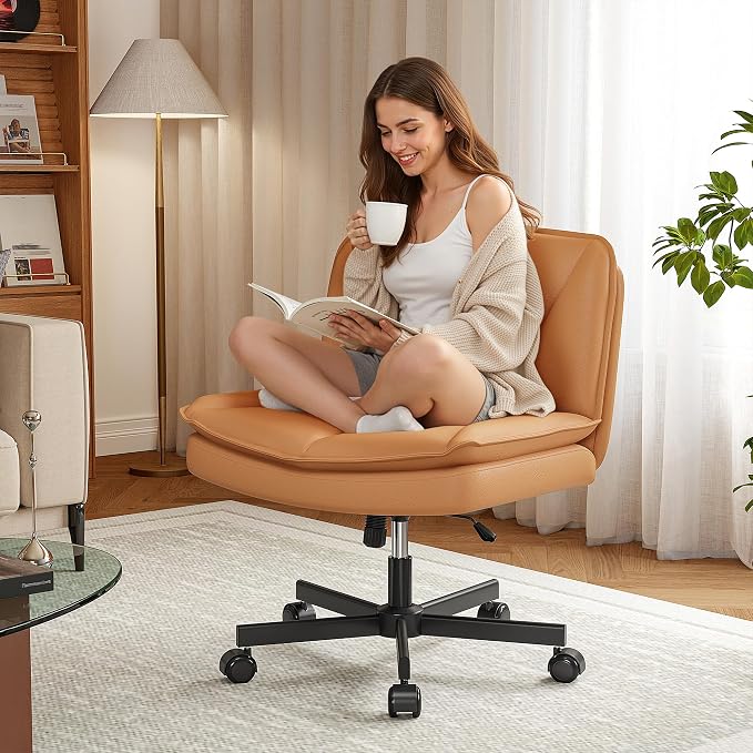 DurayLoly Criss Cross Chair with Wheels, Cross Legged Office Chair with 2 Layer Comfty Leather & Back, Armless Wide Vanity Chair for Home Office, Orange
