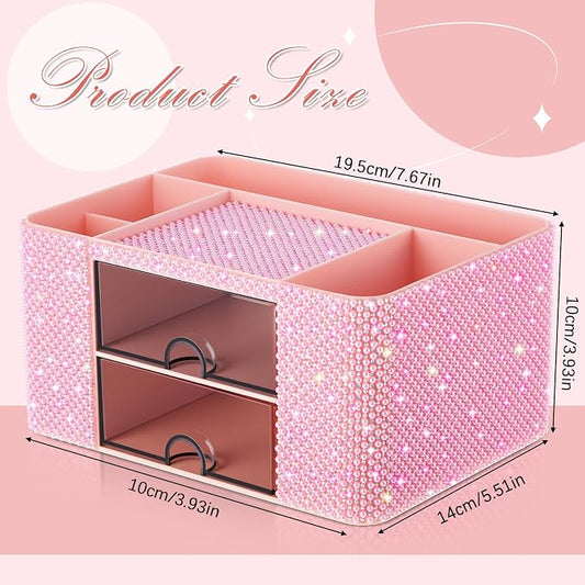MotiMind Pink Bling Desk Organizer with 2 Drawer, Sparkly Makeup Organizer for Vanity, Girly Desk Accessories, Rhinestone Pen Holder, Elevate Your Workspace with Pink Serenity (Pearl)