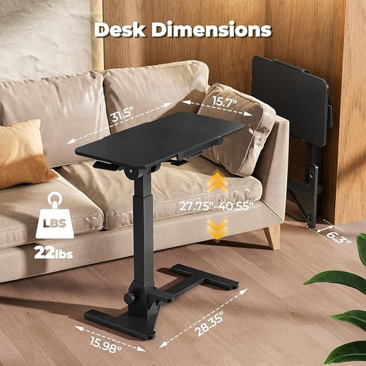 JOY worker Foldable Overbed Bedside Table, 180° Tiltable Mobile Standing Desk with Wheels, 31.5" Pneumatic Height Adjustable Rolling Laptop Desk for Home & Hospital Use, Easy Storage, Black