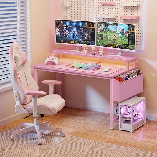 Lufeiya Small Girls Desk with Power Outlets and LED Lights, 32 Inch Gaming Desk Table with Charging Station, Home Office Computer Desks with Monitor, Pink