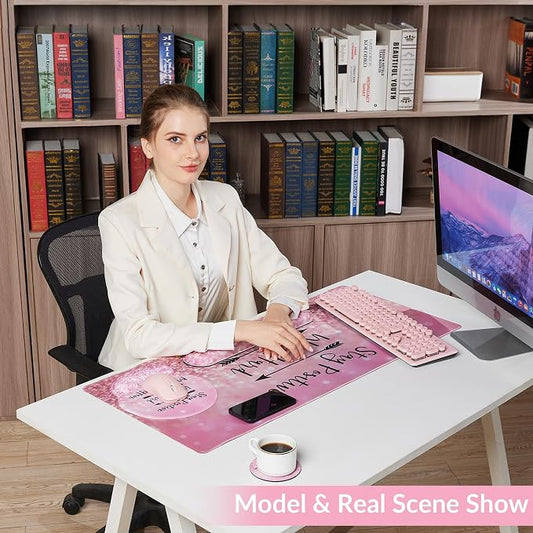 Desk Mat Set + Keyboard and Mouse Pad with Wrist Rest Support,4-in-1 Large Mousepad Computer Mats for Desktop Home & Office-Glitter Pink